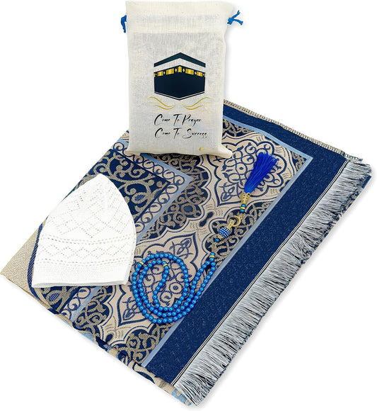 Muslim Prayer Rug, 99 Prayer Beads and Prayer Cap Included, Prayer Mats Muslim for Praying Men, Women, and Kids, Prayer Set, Prayer Rugs Islam (Blue)