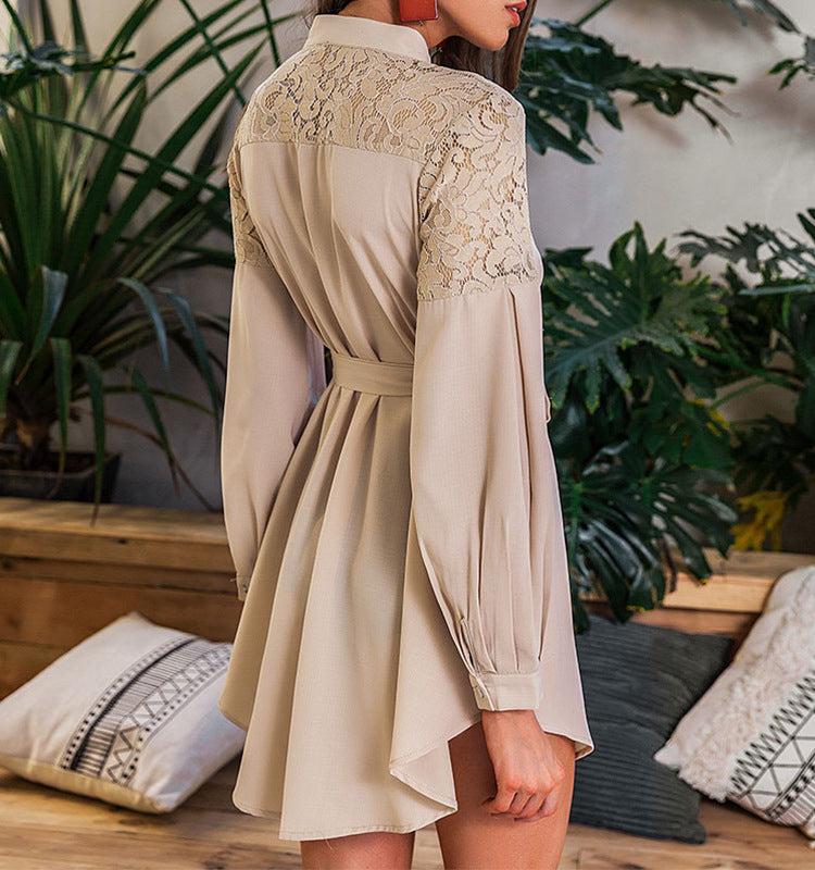 Lace-Panel Long Sleeve Tie Shirt Dress