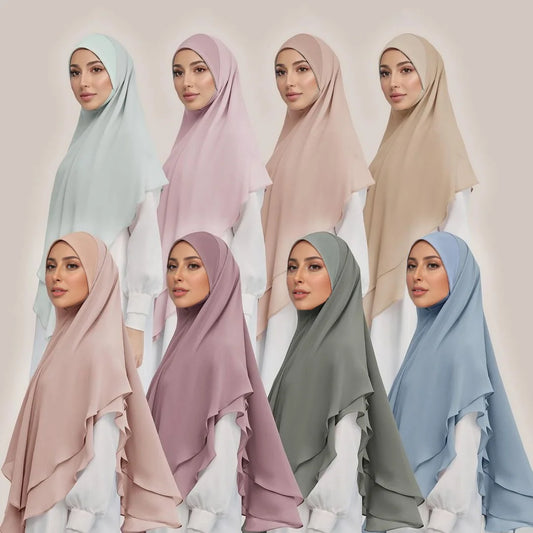 1Pc Double Layered Chiffon Ready to Wear Instant Hijabs Solid Headscarf Foulard Femme Musulman Shawl Wrap Bandana