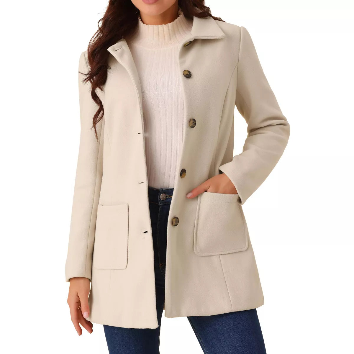 Seta T Women'S Winter Overcoat Mid-Long Casual Notch Lapel Single-Breasted Peacoat