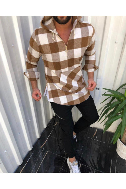 Hooded Plaid Long Sleeve Shirt Jacket