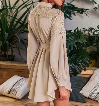 Lace-Panel Long Sleeve Tie Shirt Dress