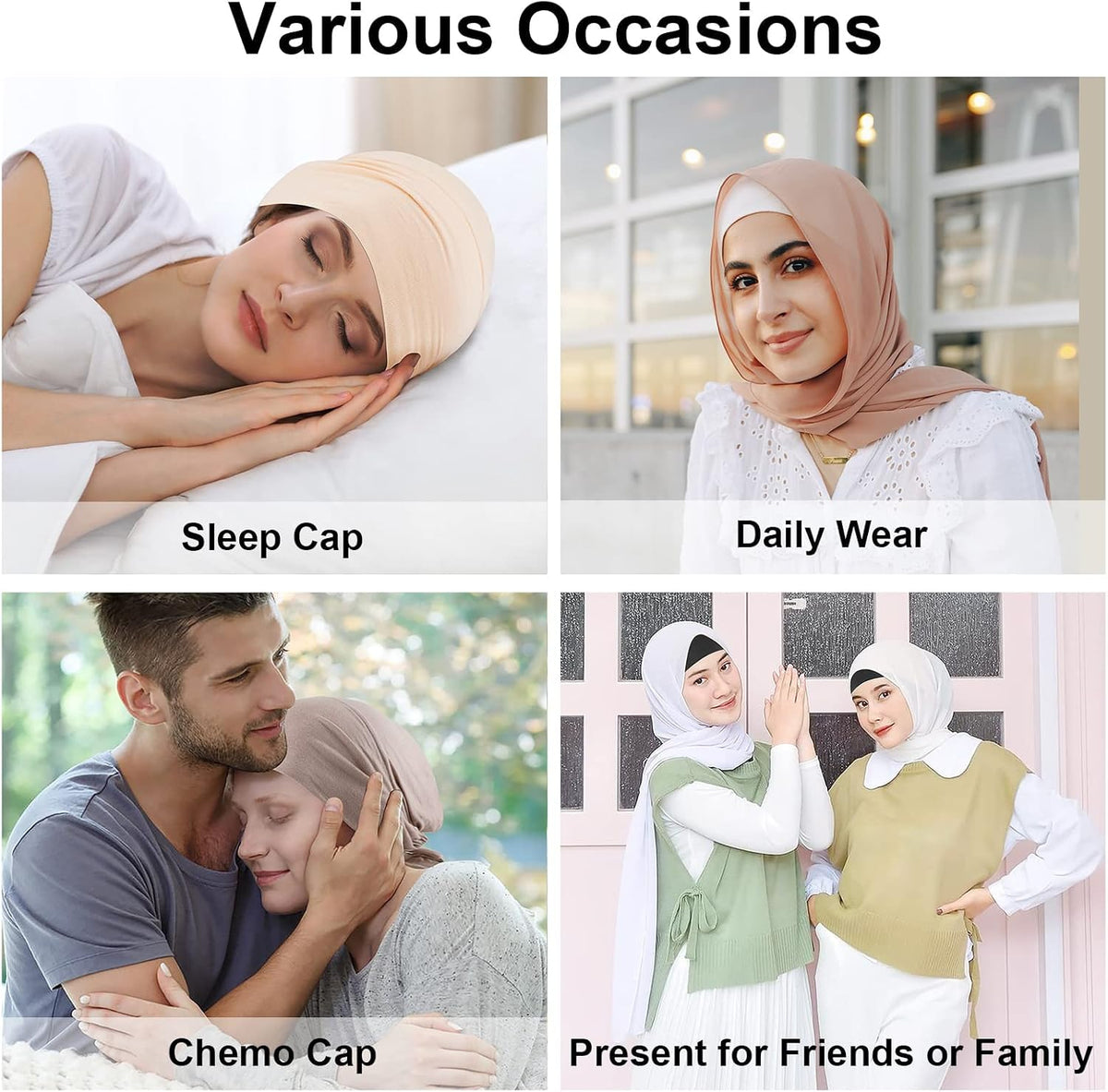 4 Pcs Women Hijab Undercap, Islamic Muslim under Hijab Cap Inner under Scarf Hat Turban with Tie Back Closure