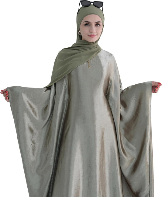 Abaya Muslim Dress Women Satin Prayer Dress Batwing Long Sleeve Middle East Arabian Robe with Hijab