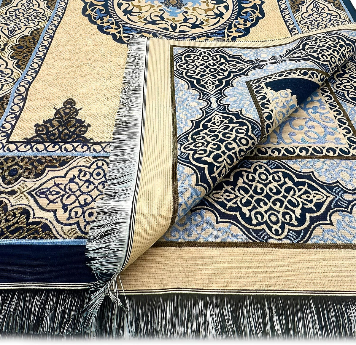 Muslim Prayer Rug, 99 Prayer Beads and Prayer Cap Included, Prayer Mats Muslim for Praying Men, Women, and Kids, Prayer Set, Prayer Rugs Islam (Blue)