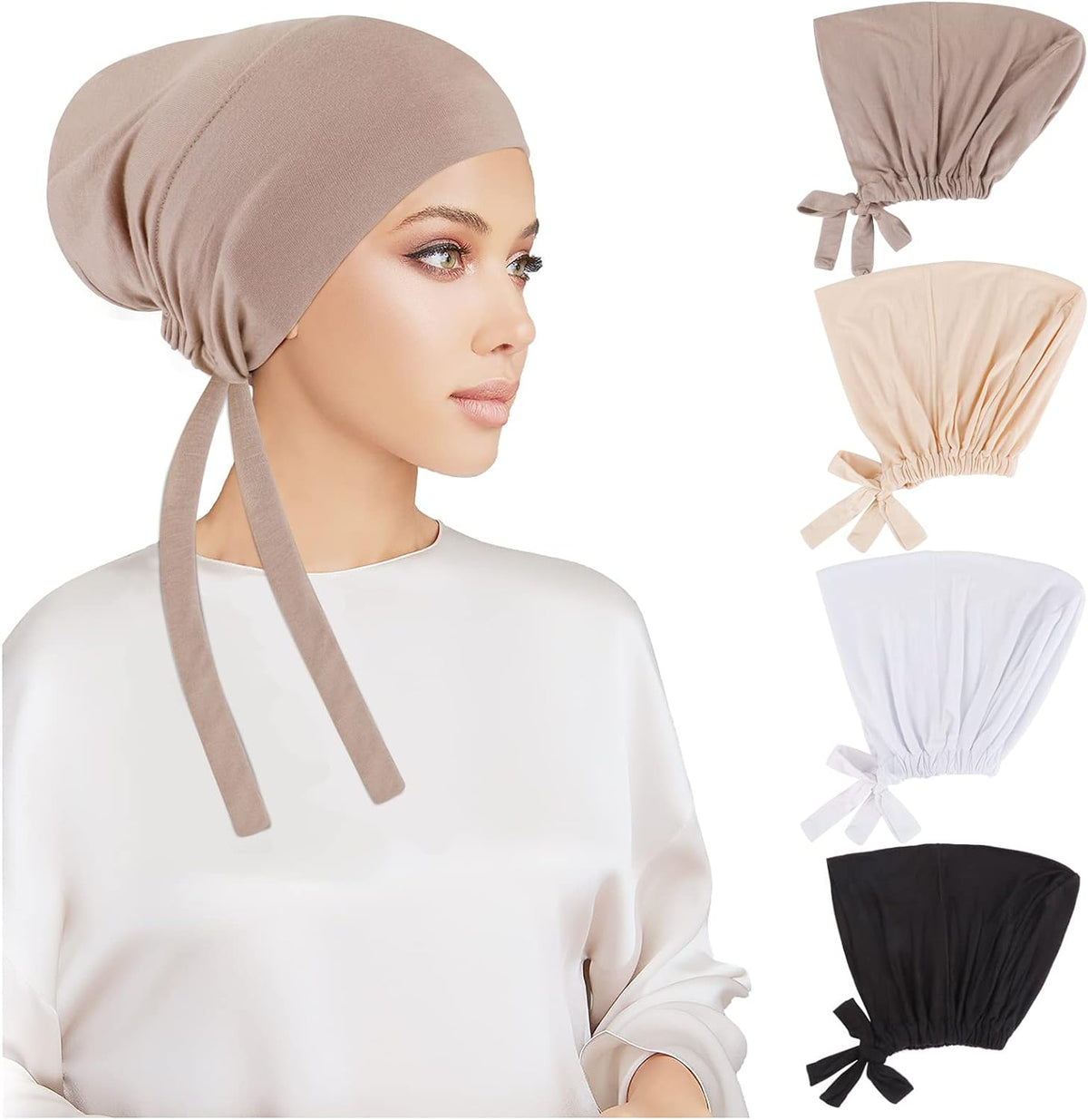 4 Pcs Women Hijab Undercap, Islamic Muslim under Hijab Cap Inner under Scarf Hat Turban with Tie Back Closure