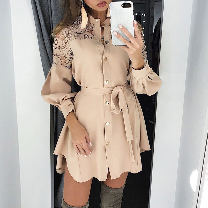 Lace-Panel Long Sleeve Tie Shirt Dress