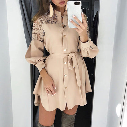 Lace-Panel Long Sleeve Tie Shirt Dress