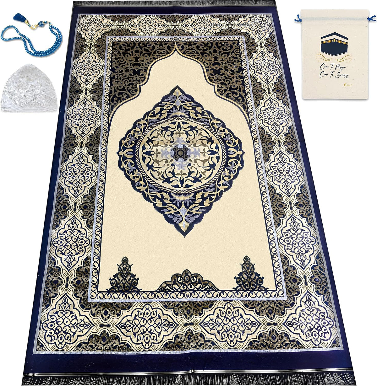 Muslim Prayer Rug, 99 Prayer Beads and Prayer Cap Included, Prayer Mats Muslim for Praying Men, Women, and Kids, Prayer Set, Prayer Rugs Islam (Blue)
