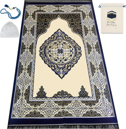 Muslim Prayer Rug, 99 Prayer Beads and Prayer Cap Included, Prayer Mats Muslim for Praying Men, Women, and Kids, Prayer Set, Prayer Rugs Islam (Blue)