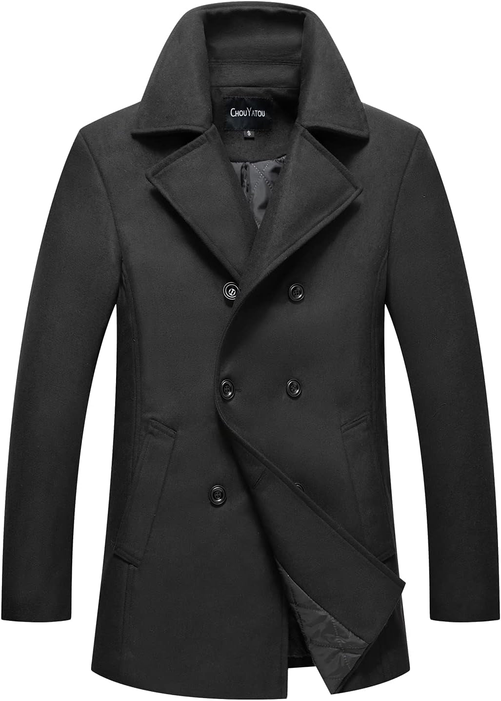 Men'S Classic Notched Collar Double Breasted Wool Blend Pea Coat