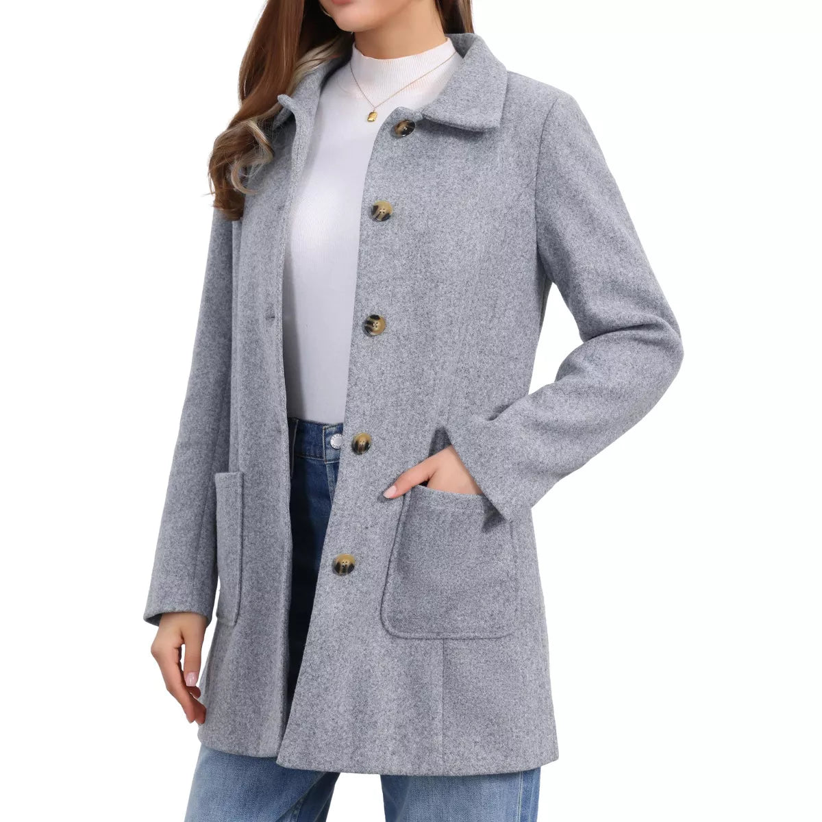 Seta T Women'S Winter Overcoat Mid-Long Casual Notch Lapel Single-Breasted Peacoat