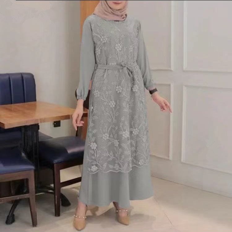 Floral Lace Dress with Round Neck