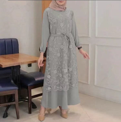 Floral Lace Dress with Round Neck