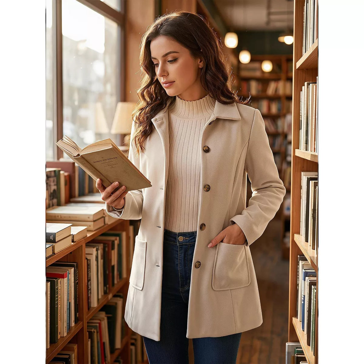 Seta T Women'S Winter Overcoat Mid-Long Casual Notch Lapel Single-Breasted Peacoat