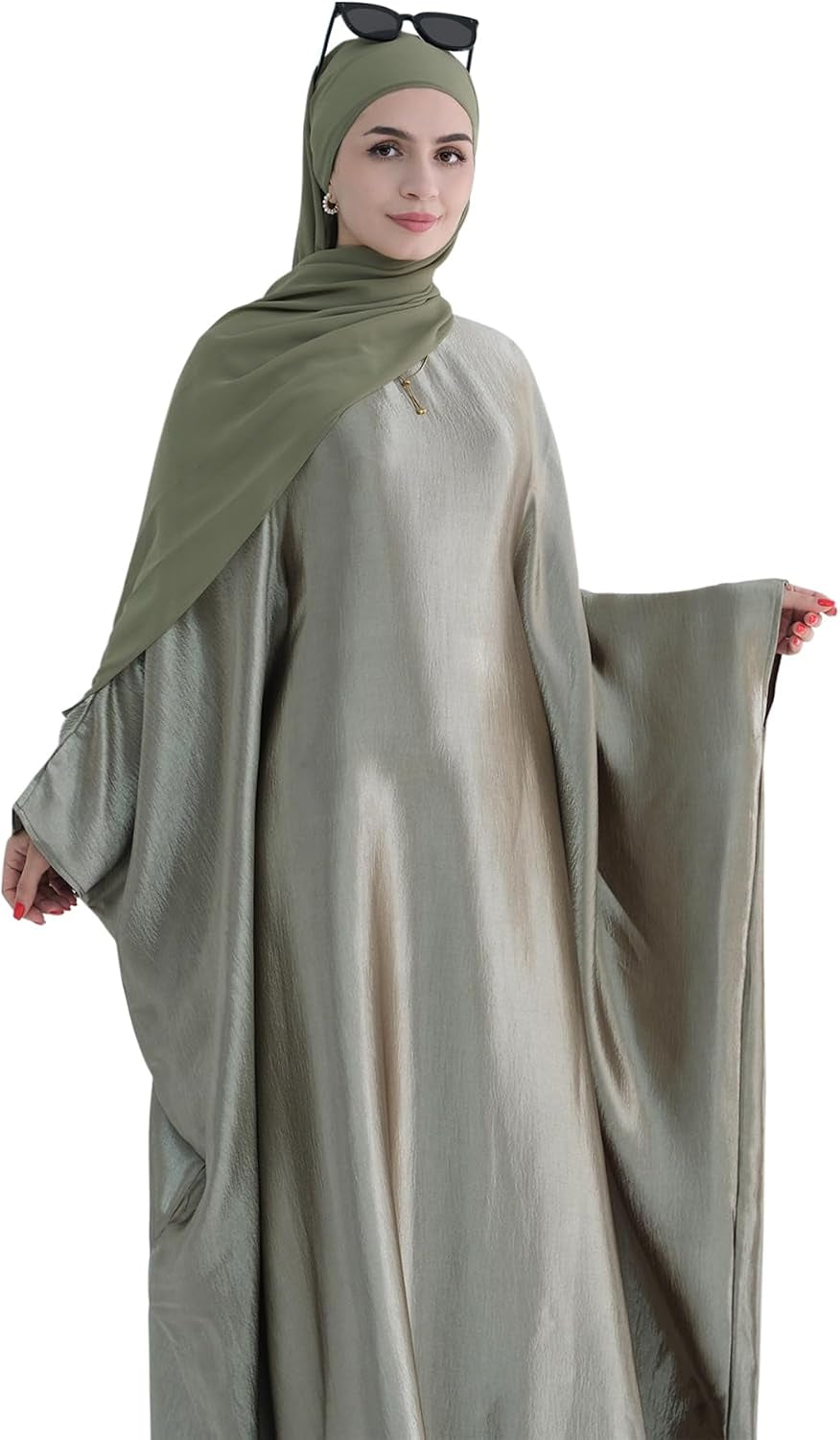 Abaya Muslim Dress Women Satin Prayer Dress Batwing Long Sleeve Middle East Arabian Robe with Hijab