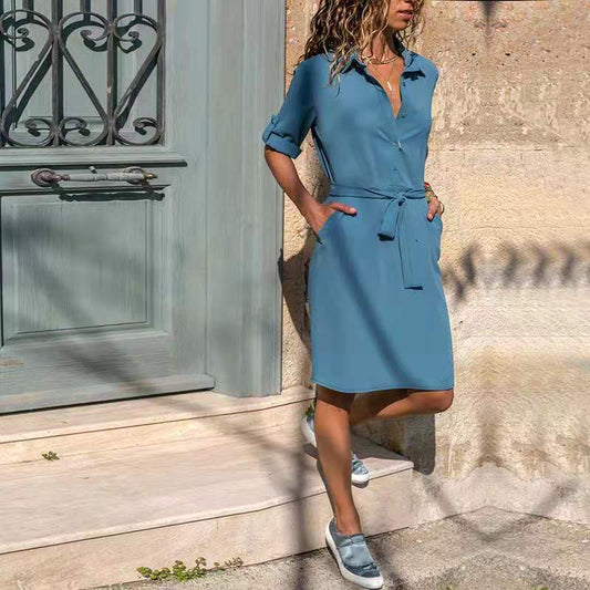 3/4 Sleeve Shirt Dress with Ties