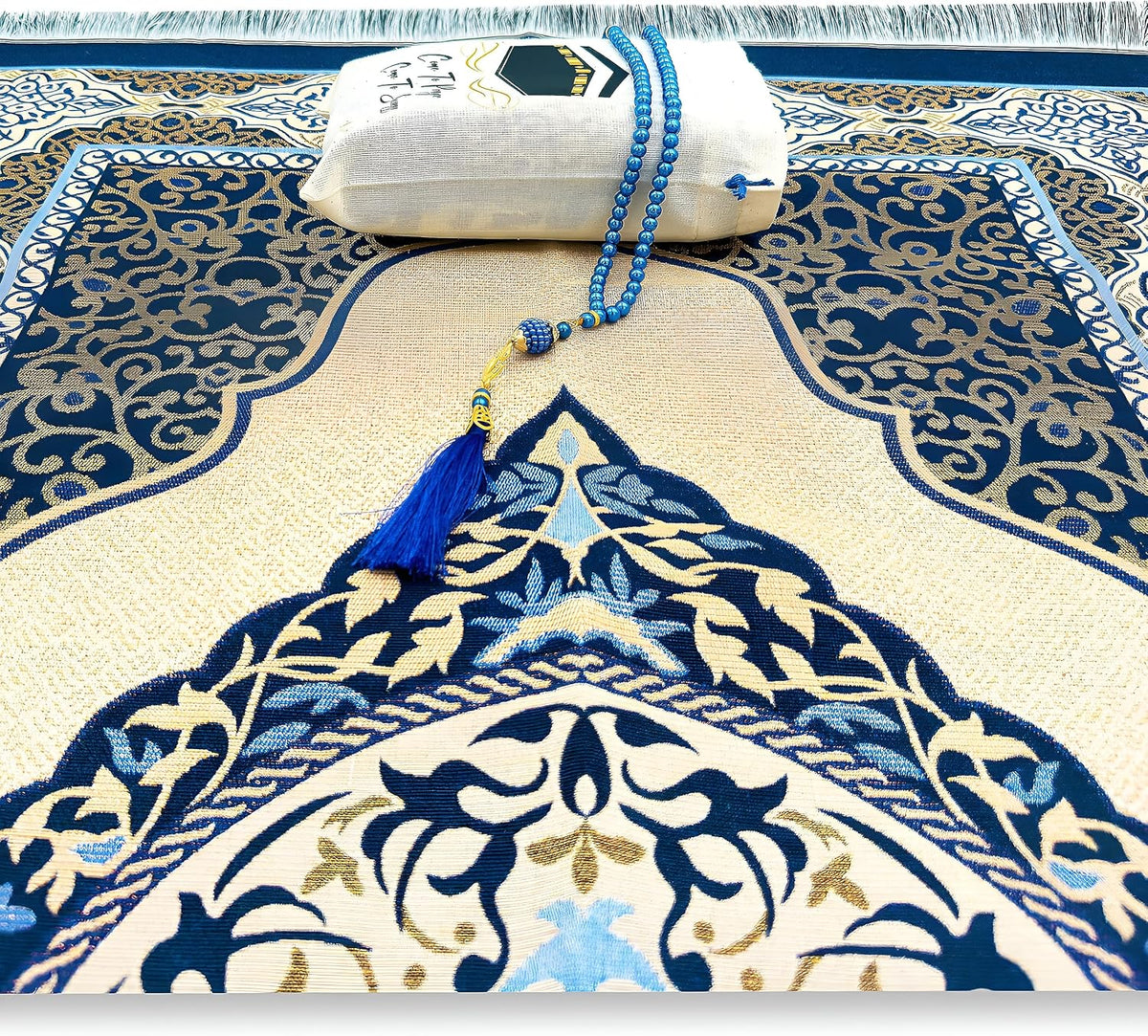 Muslim Prayer Rug, 99 Prayer Beads and Prayer Cap Included, Prayer Mats Muslim for Praying Men, Women, and Kids, Prayer Set, Prayer Rugs Islam (Blue)
