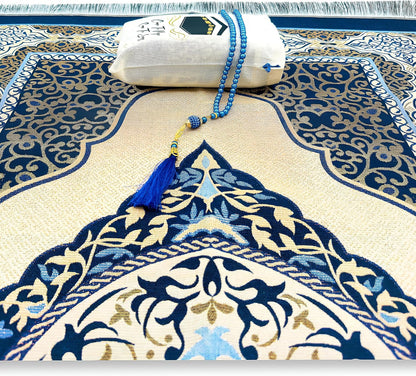 Muslim Prayer Rug, 99 Prayer Beads and Prayer Cap Included, Prayer Mats Muslim for Praying Men, Women, and Kids, Prayer Set, Prayer Rugs Islam (Blue)